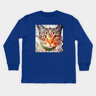 Bold Kitty Cat with a Batik Pattern Kids Long Sleeve T-Shirt